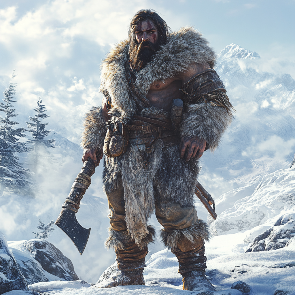 Hunter in fur clothing with weapons in frozen tundra.