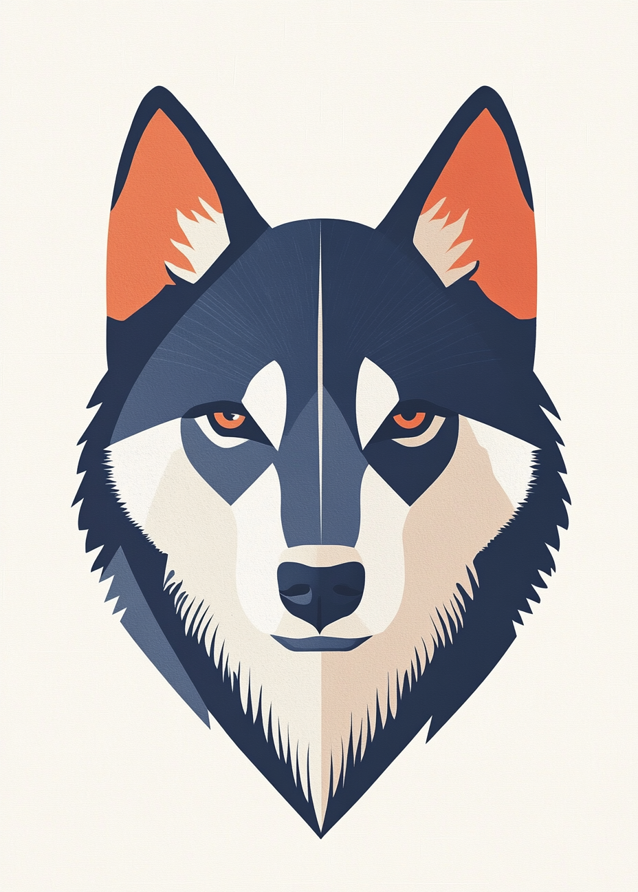 Huskie head in simple style with geometric shapes.