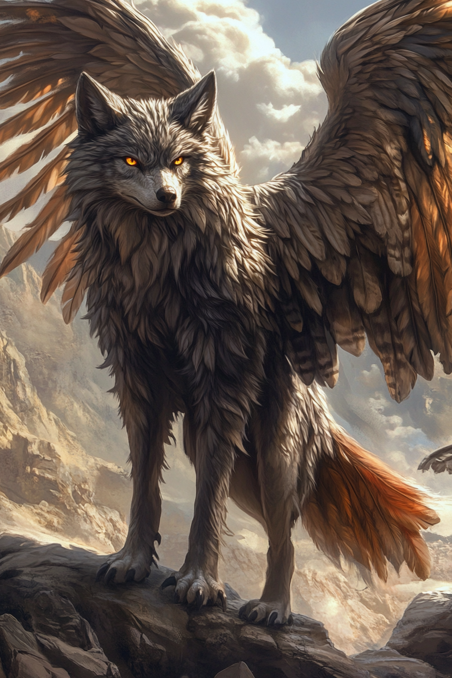 Hybrid creature with wolf body, eagle wings. Sky graceful.