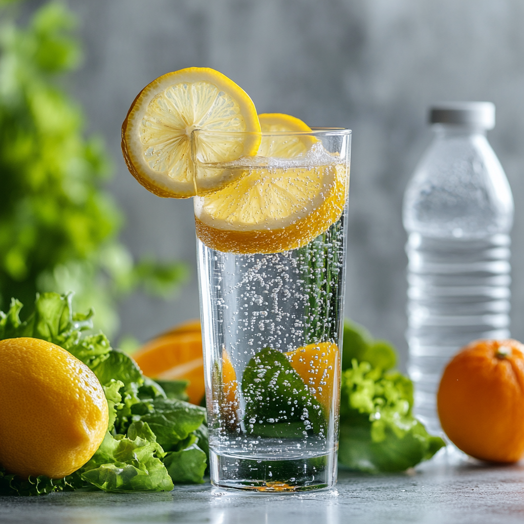 Hydrating glass of water with lemon slice and droplets.