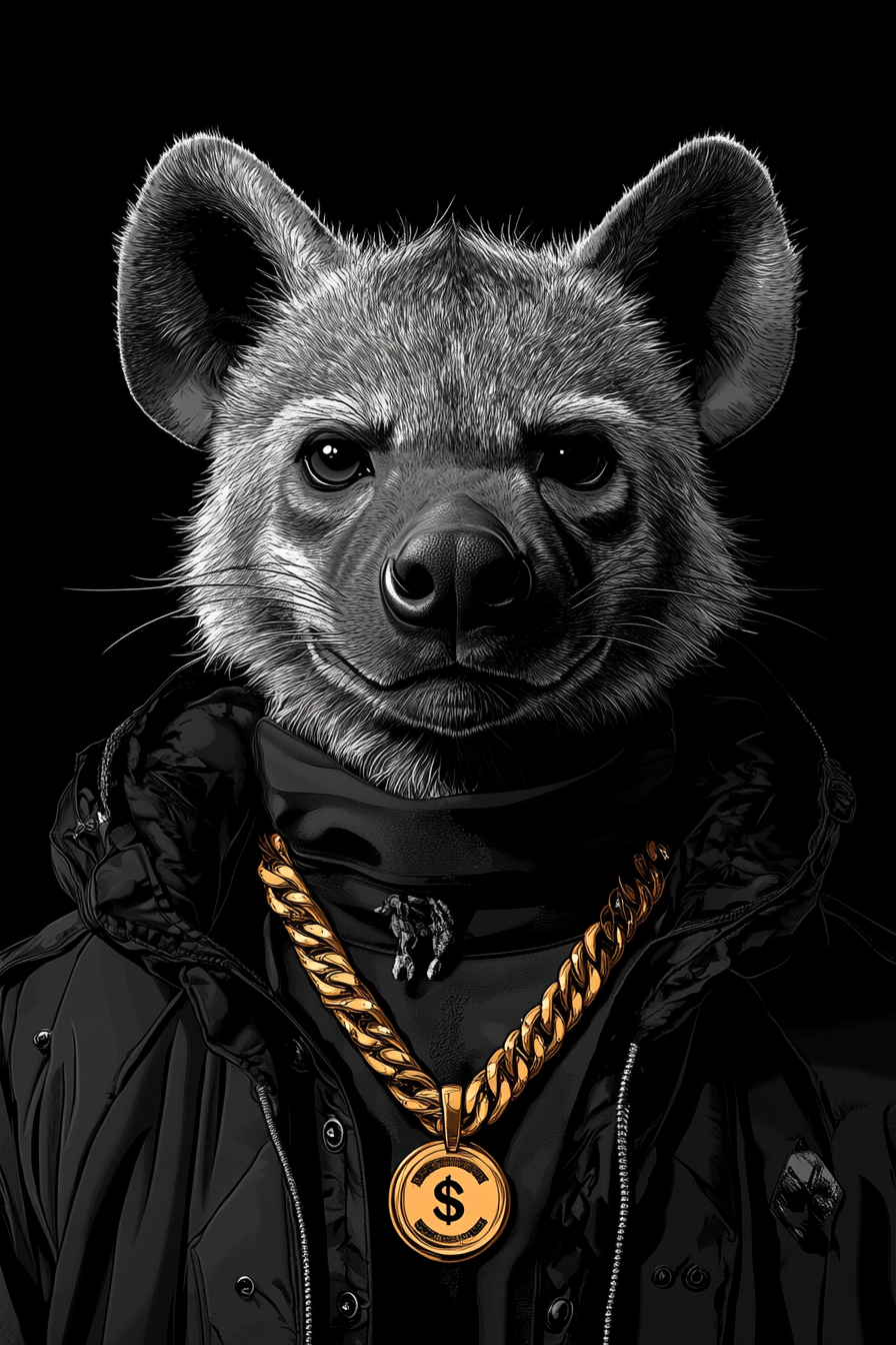 Hyena wearing gold chain in black background