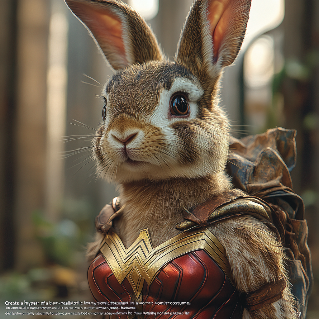 Hyper-Realistic Bunny in Wonder Woman Costume Superhero Pose