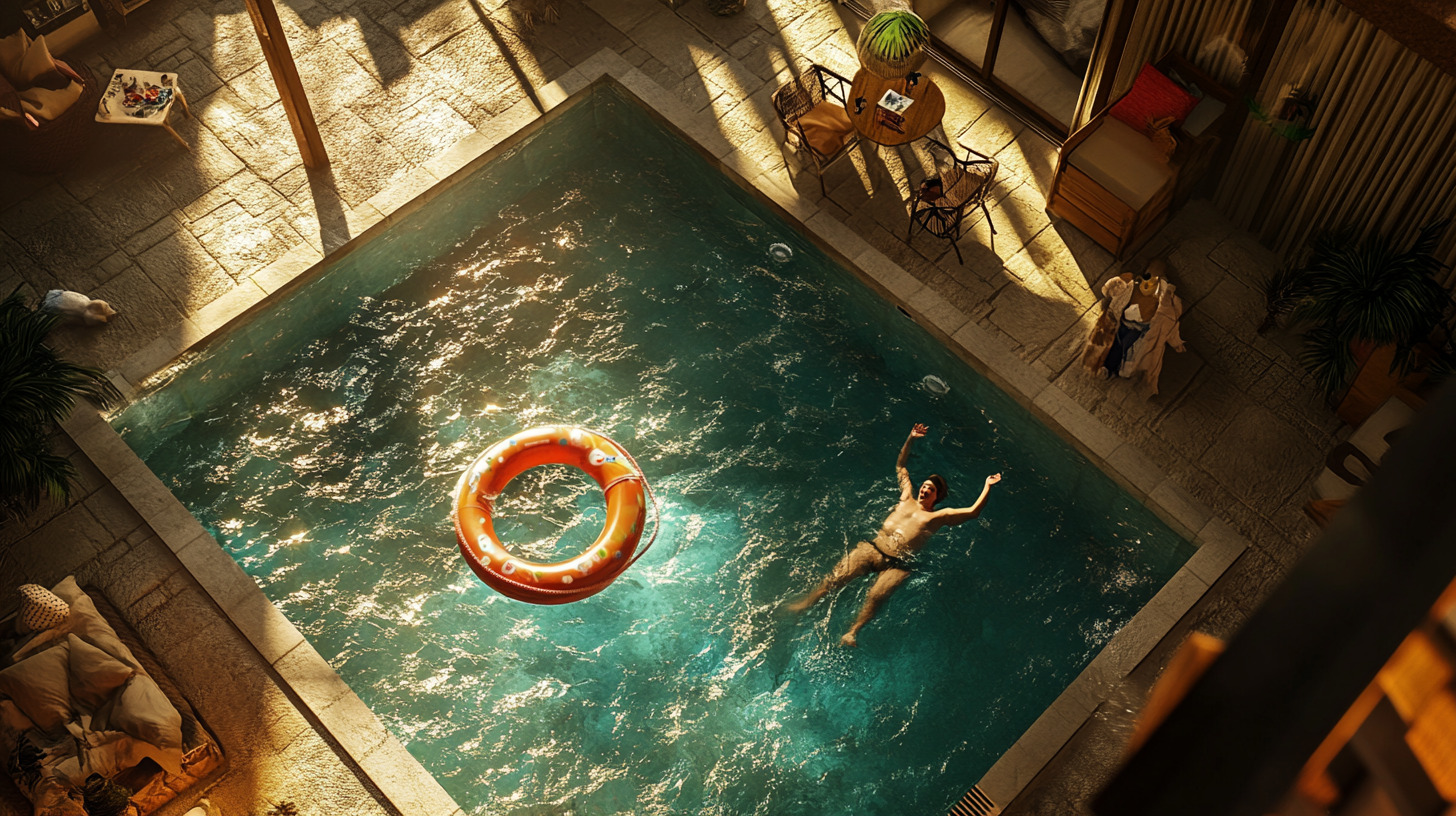 Hyper Realistic Sunset Pool Scene with Soda Can Life Preserver in 4K