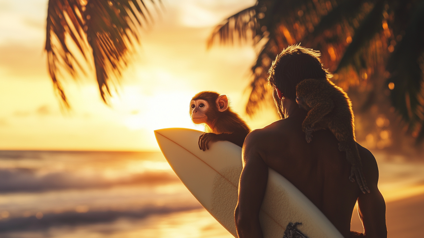 Hyper Realistic Surfer with Happy Monkey at Sunset