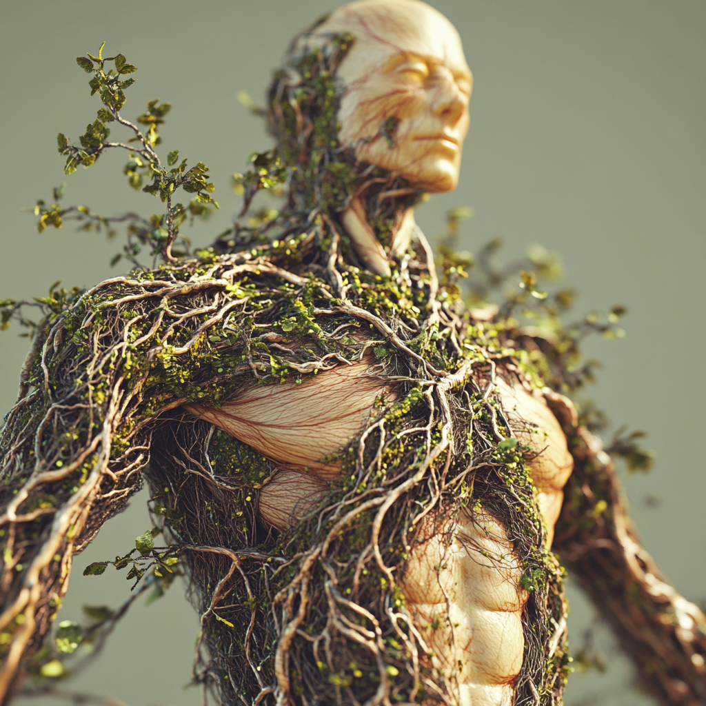 Hyper-realistic 3D image merging human anatomy with plants.