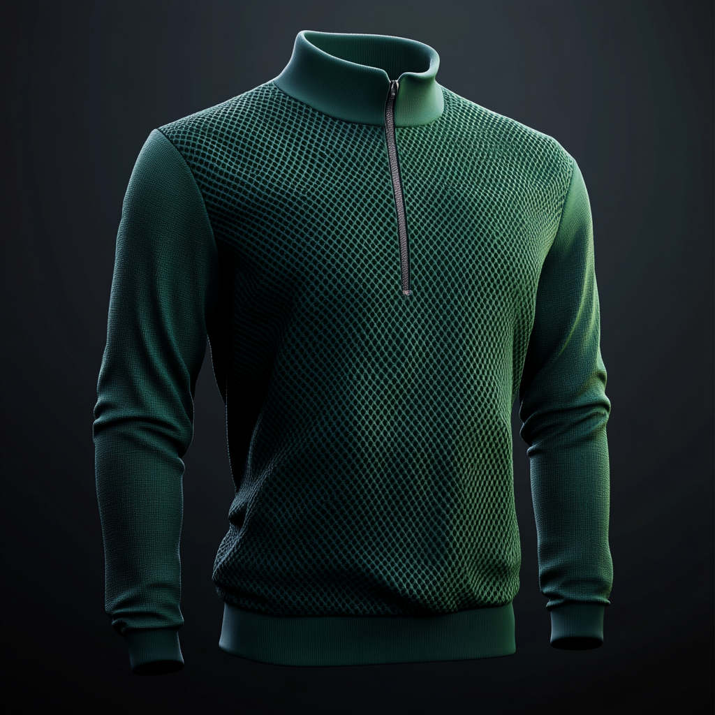 Hyper realistic 3D image of unique dark green quarter zip jacket inspired by Tiger Woods