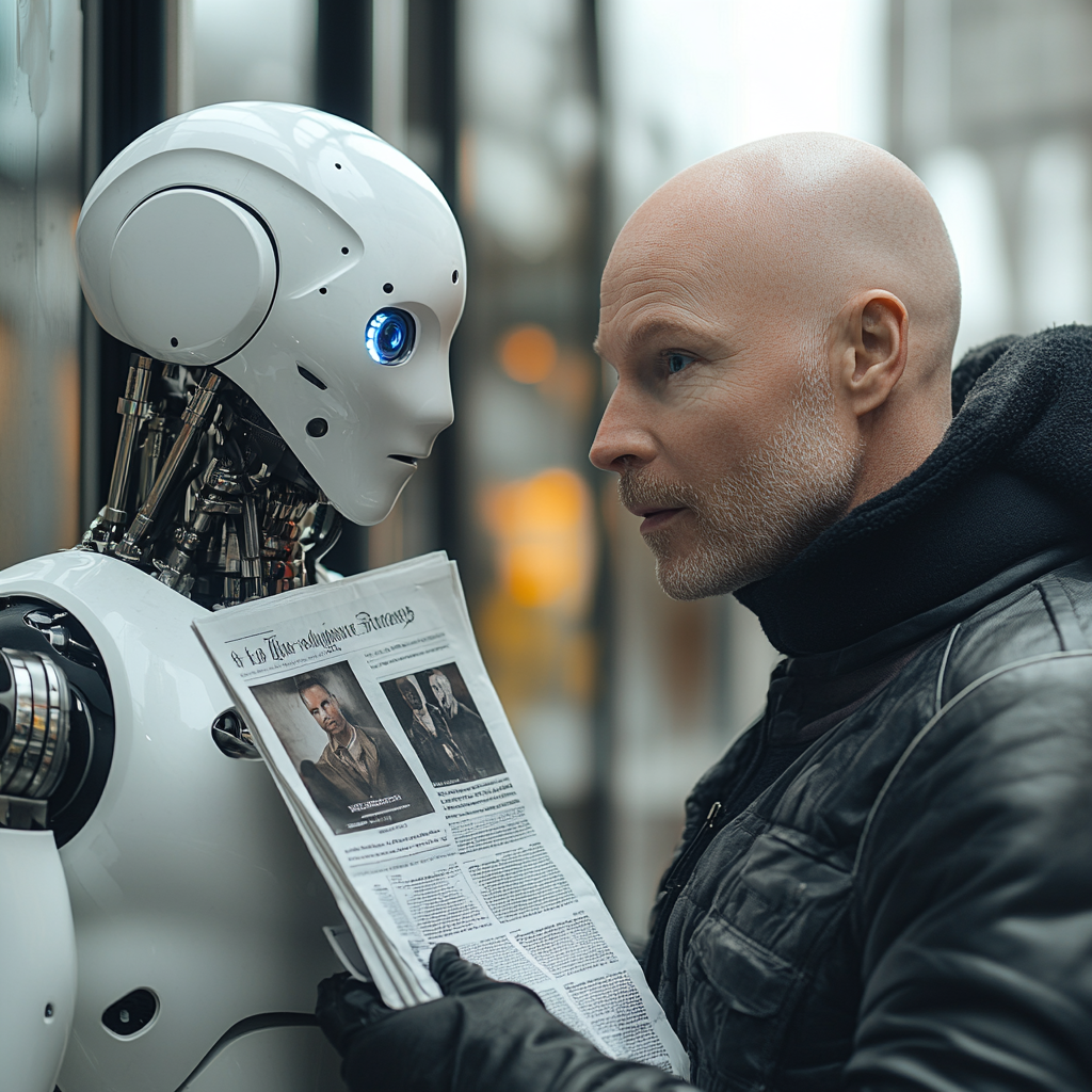 Hyper realistic AI robot delivering newspaper to Swedish man