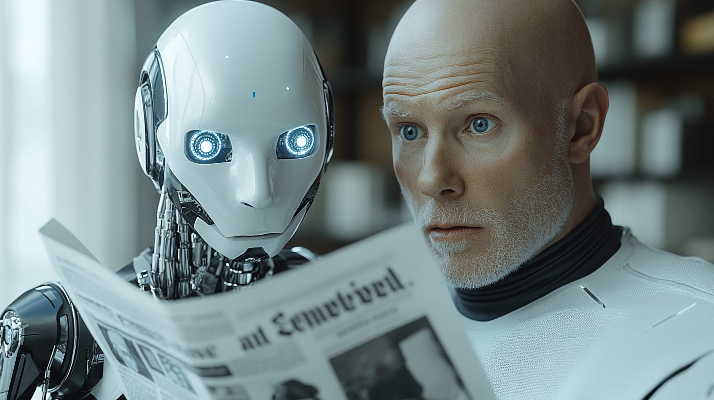 Hyper realistic AI robot giving newspaper to bald Swedish man.