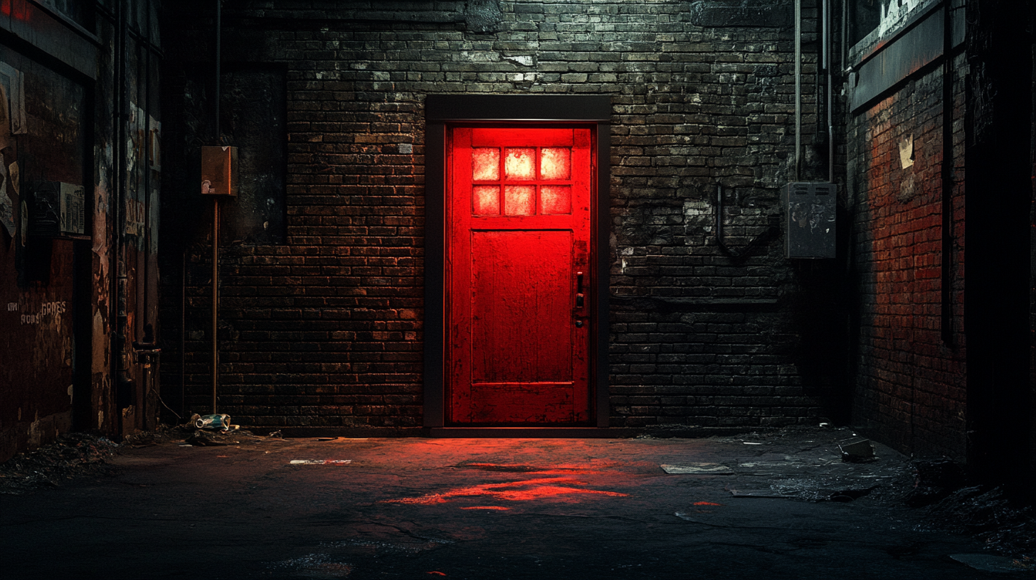 Hyper realistic New York alleyway with glowing red door