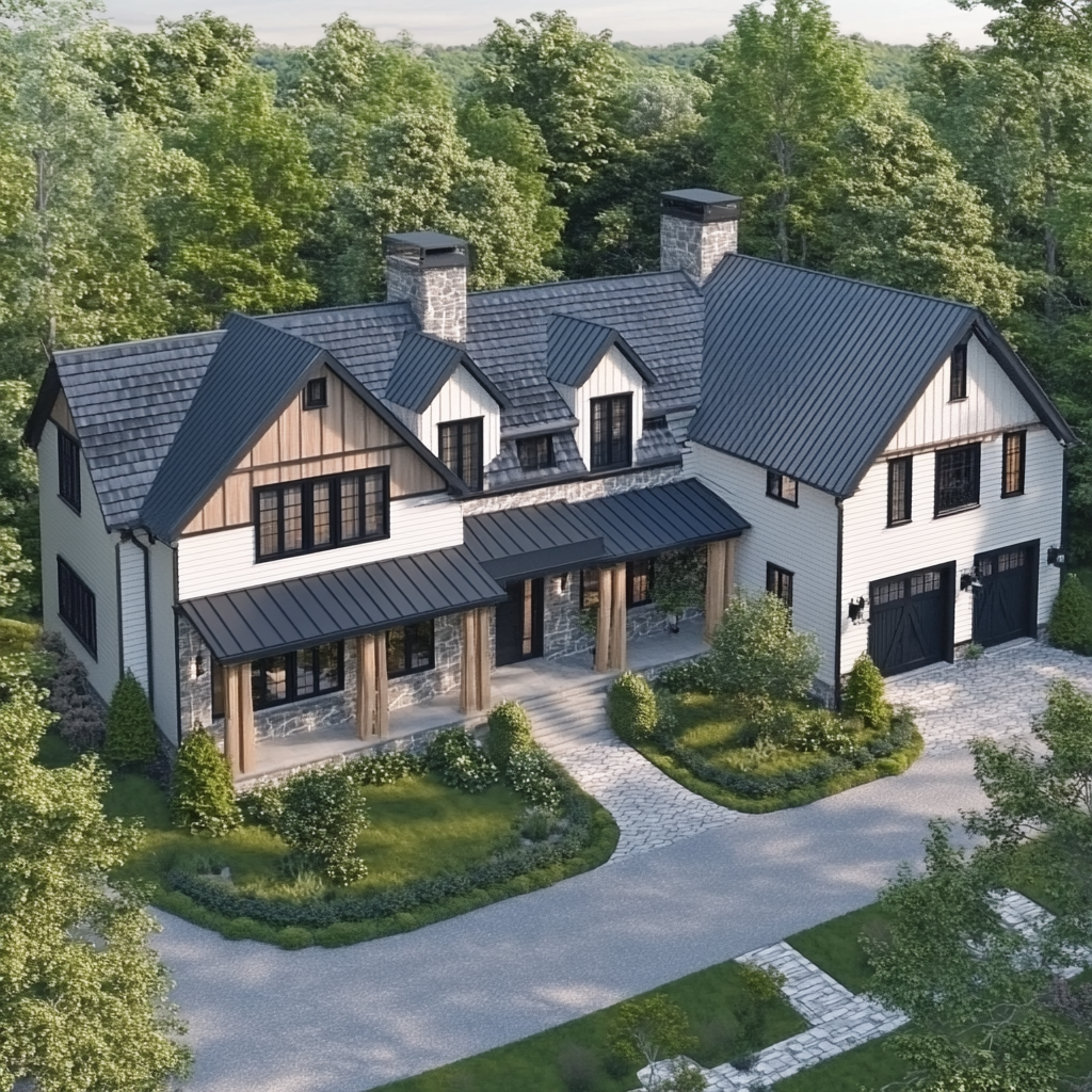 Hyper realistic aerial view of modern farmhouse with landscaping