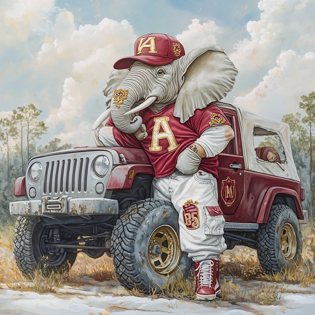 Hyper realistic caricature illustration of Alabama elephant in attire.