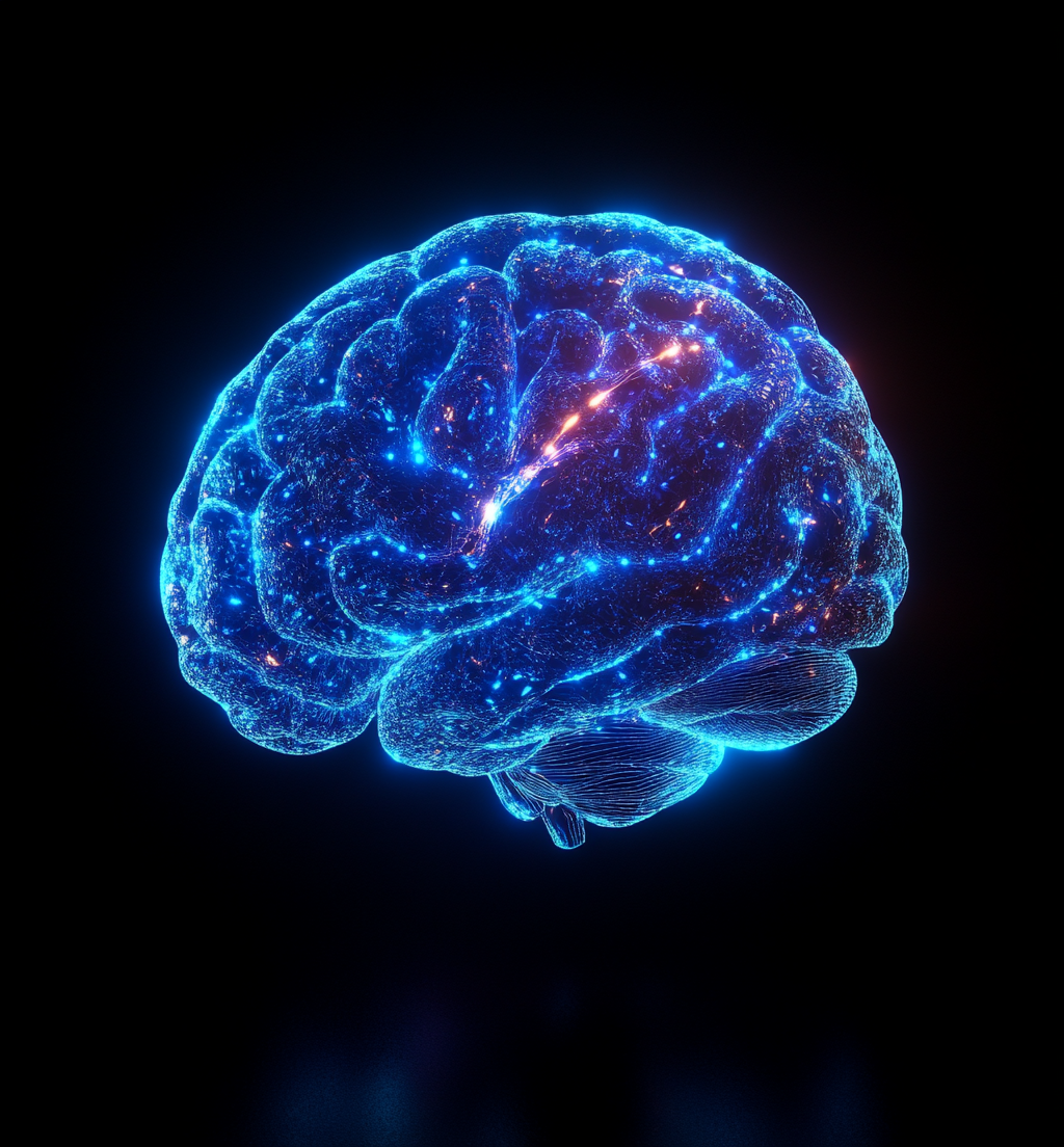 Hyper-realistic glowing blue electronic brain on black background