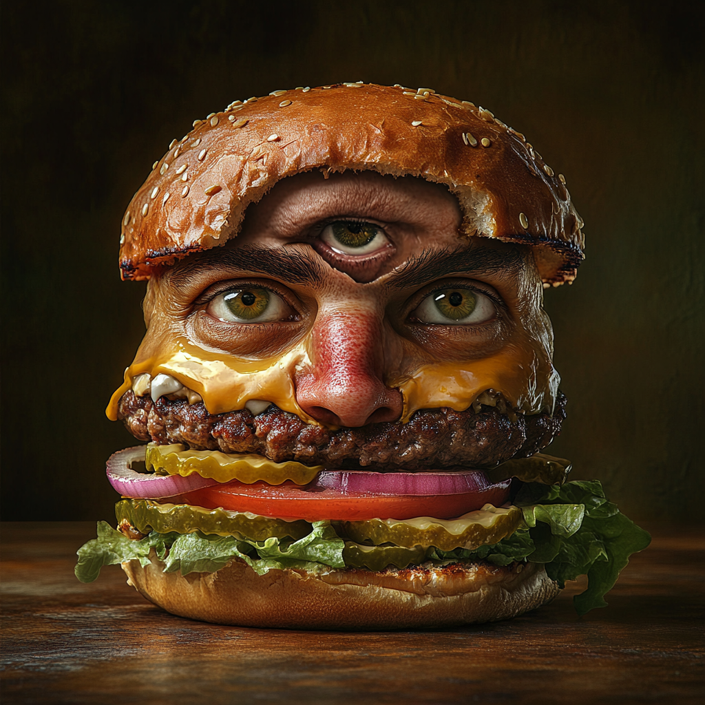 Hyper-realistic hamburger with human face in casual environment.