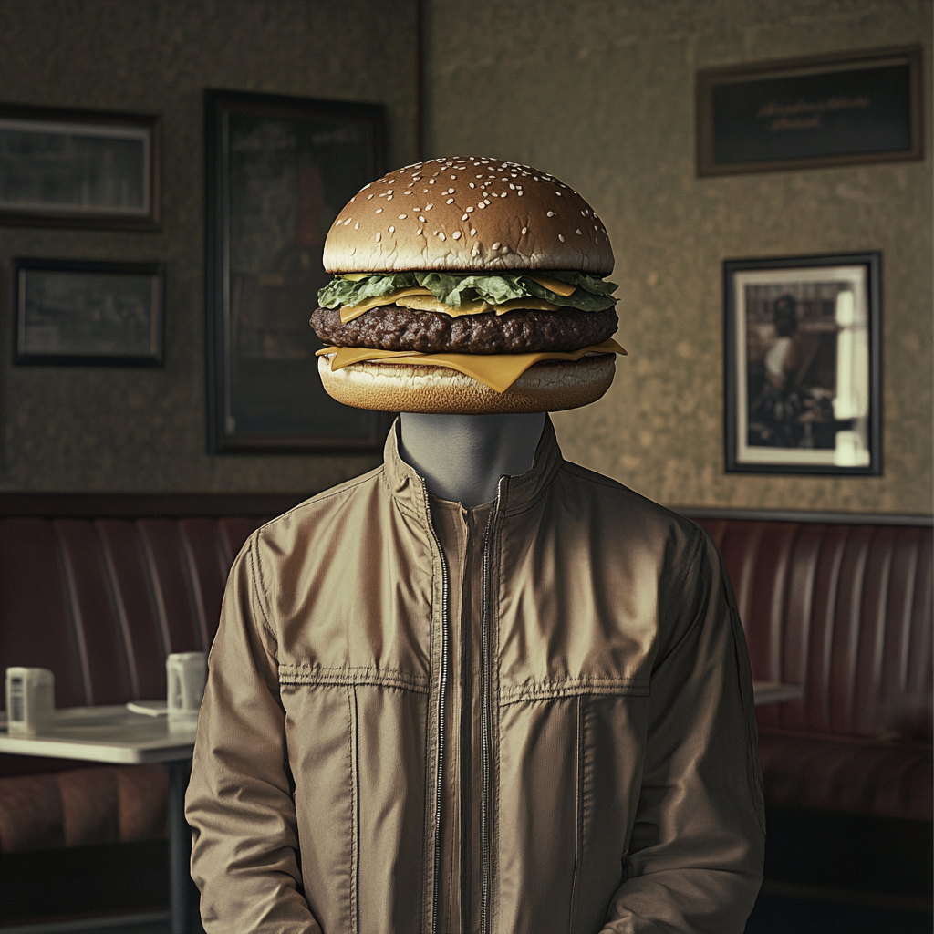 Hyper-realistic human body with hamburger head. Surreal scene.