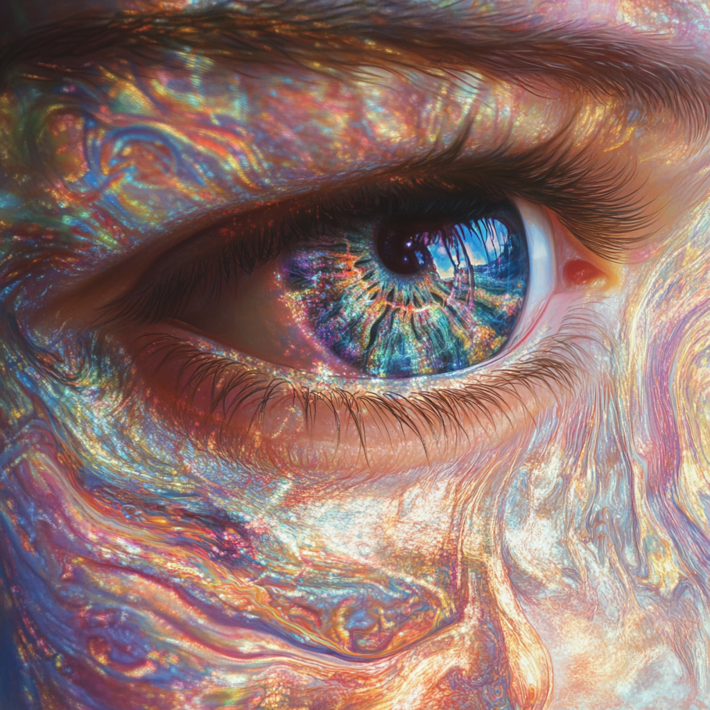 Hyper-realistic human face with metallic swirling patterns.