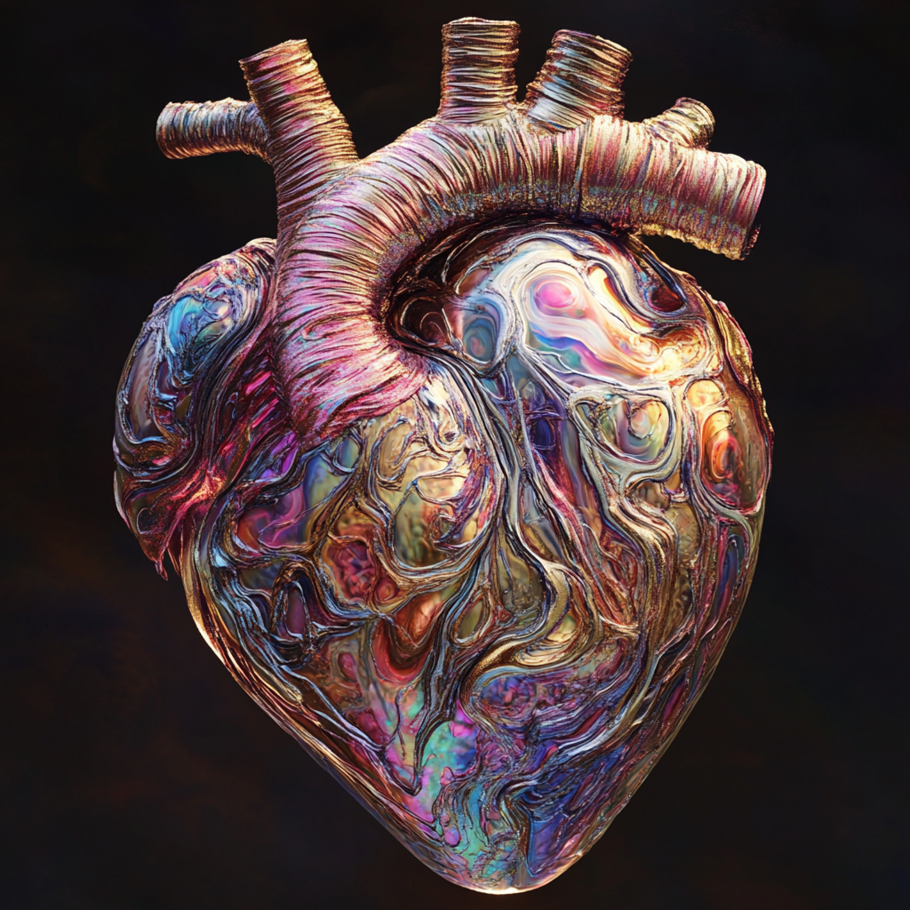 Hyper-realistic human heart with metallic swirling patterns