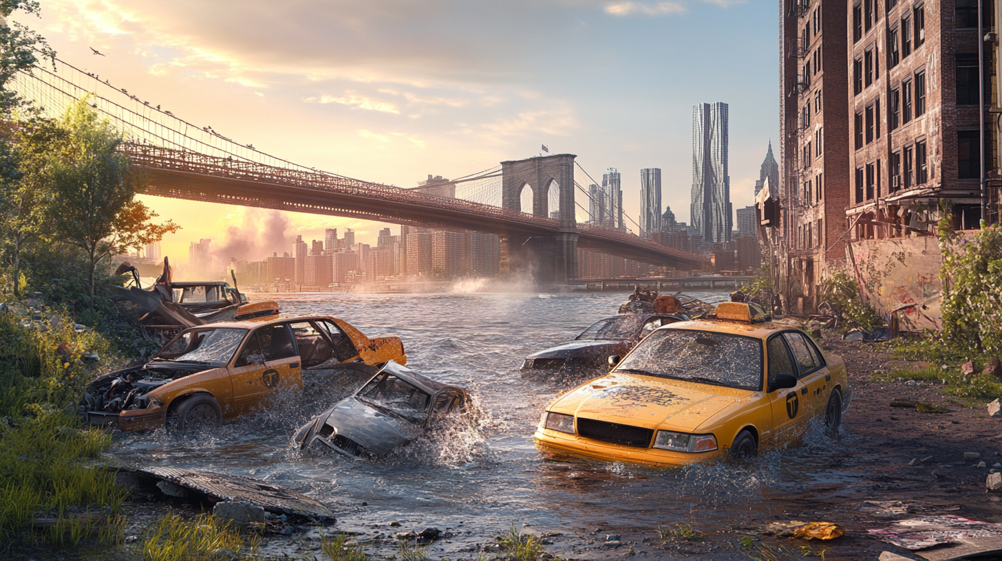 Hyper-realistic image in New York captures broken cars.