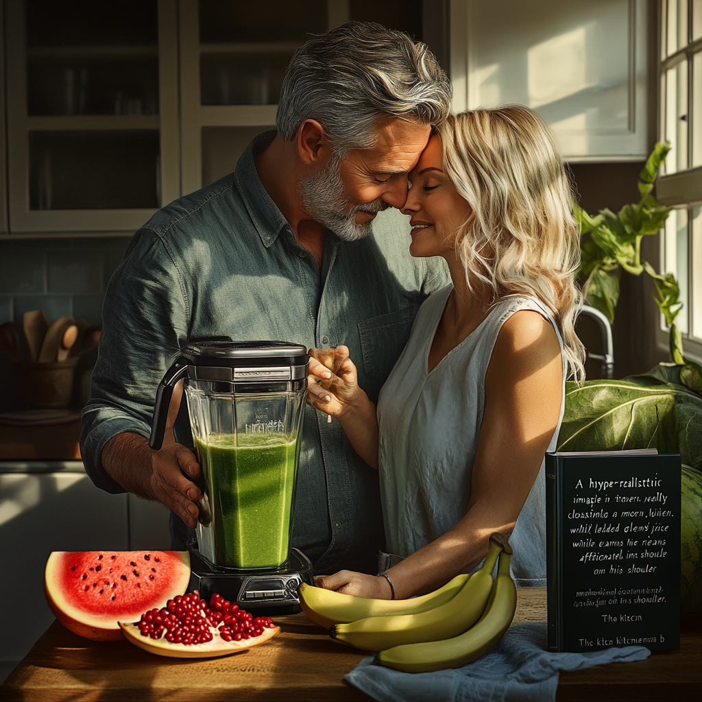 Hyper-realistic image of couple in modern kitchen, intimate.