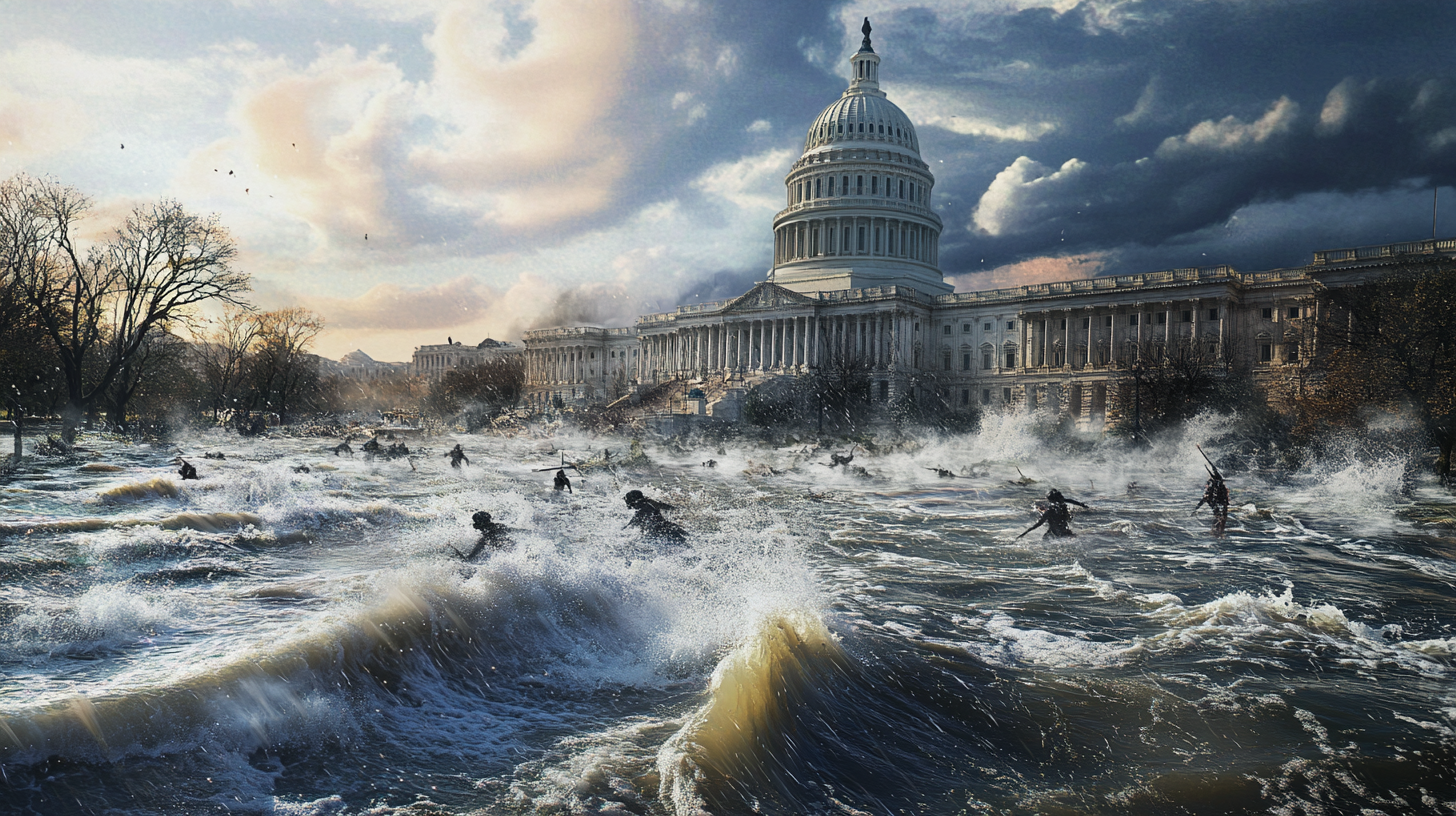 Hyper-realistic image of destroyed Washington Capitol in 2024.