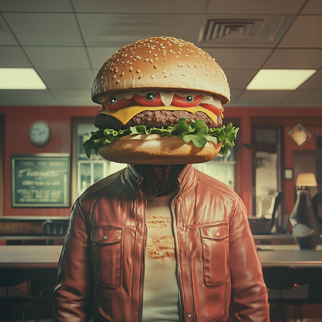 Hyper-realistic image of human body with burger head.