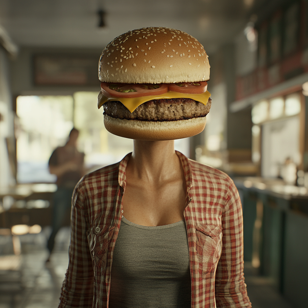 Hyper-realistic image of human body with hamburger head.