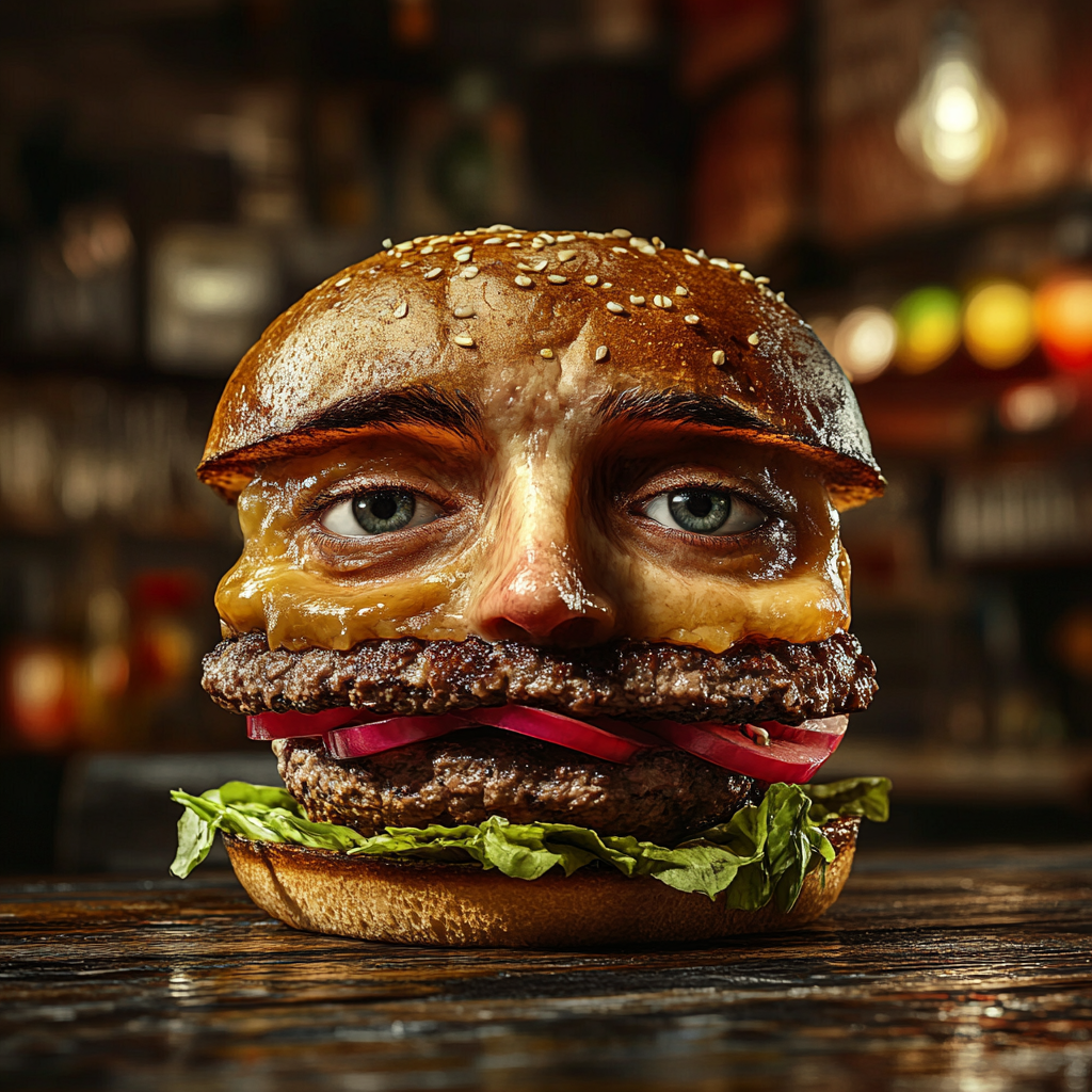 Hyper-realistic image of human-faced hamburger in natural setting.