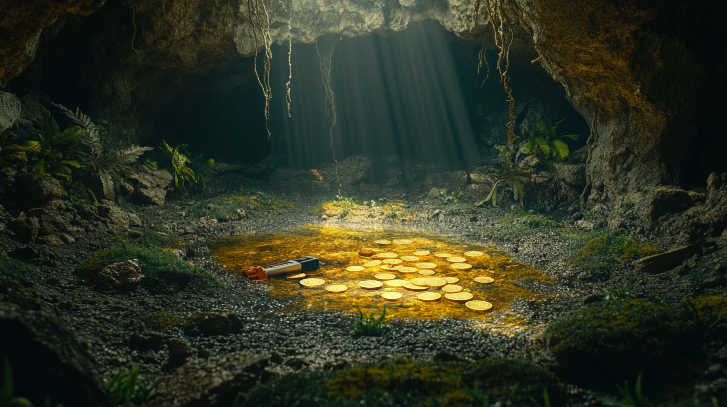 Hyper realistic image of old underground lake with gold.