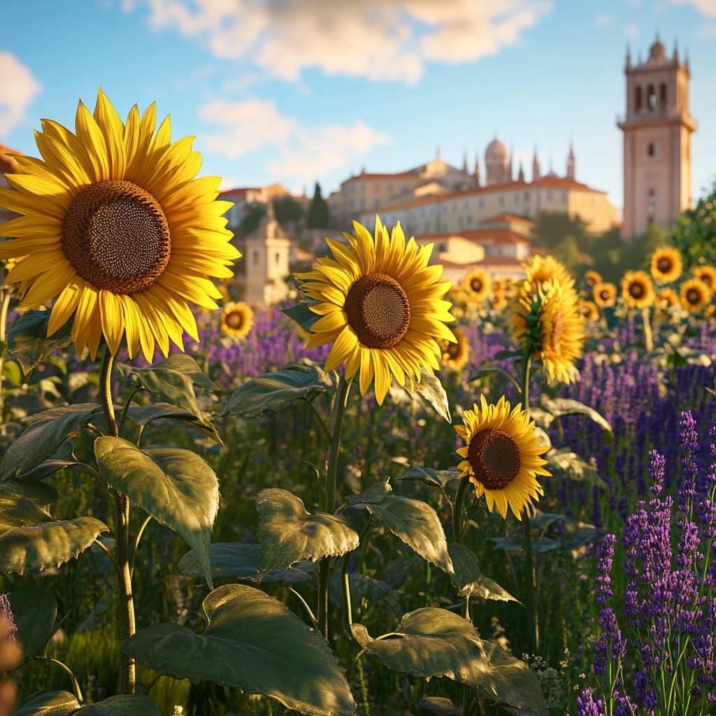 Hyper-realistic image of sunflowers with Lisbon landmarks, flora.