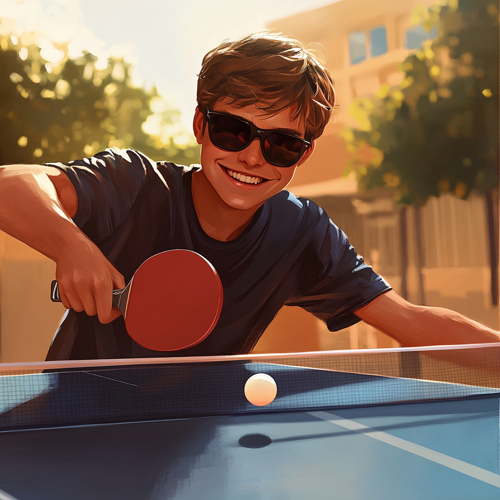 Hyper-realistic image of young man playing table tennis outdoors.