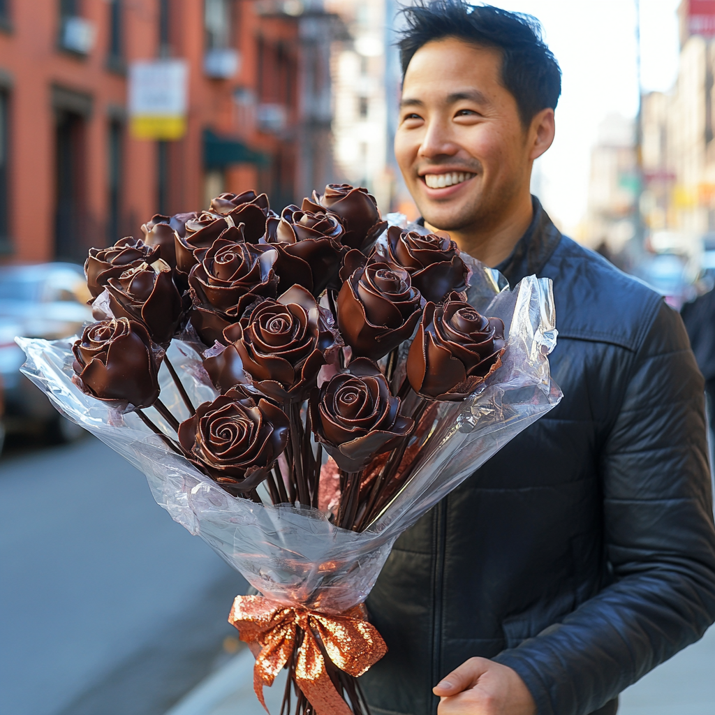 Hyper realistic milk chocolate rose bouquet for girlfriend gift.