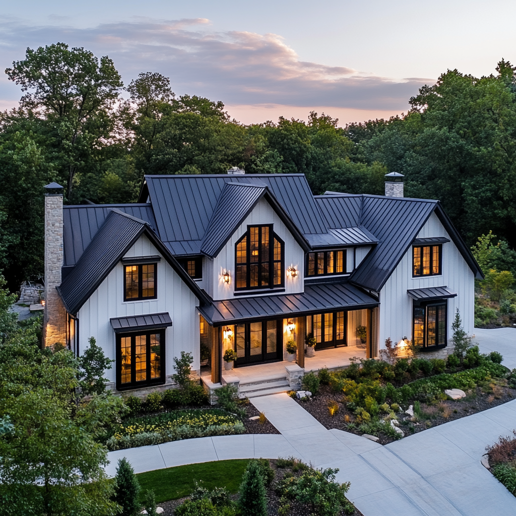 Hyper realistic modern farmhouse with lush landscaping aerial view