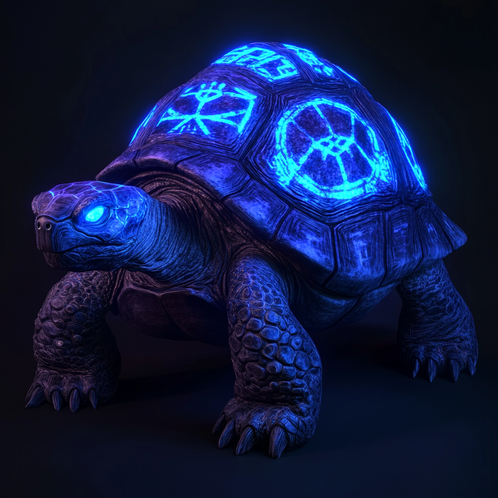 Hyper-realistic mystical tortoise with glowing ancient symbols shell