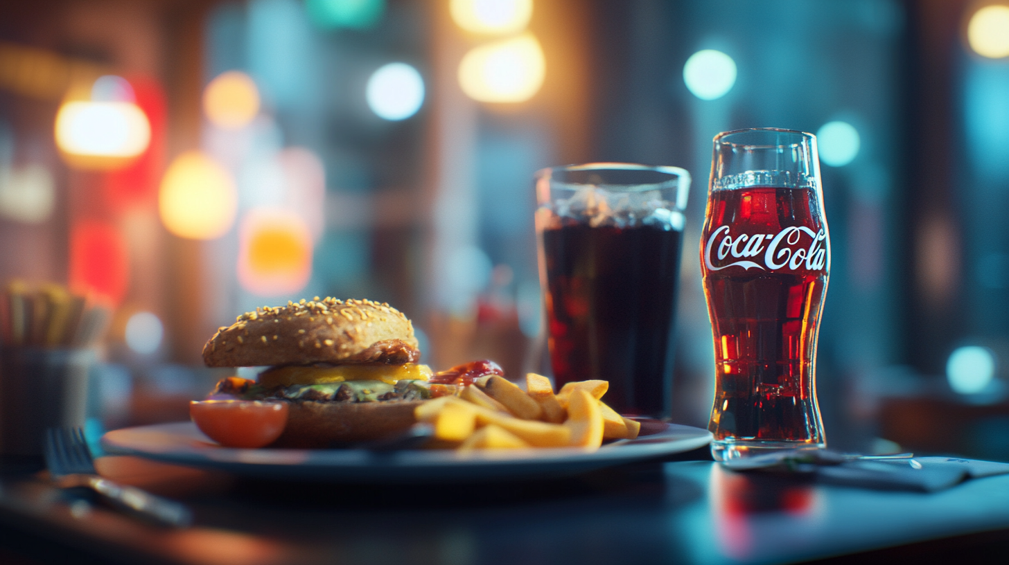 Hyper realistic photo of Coca Cola sponsored food menu.