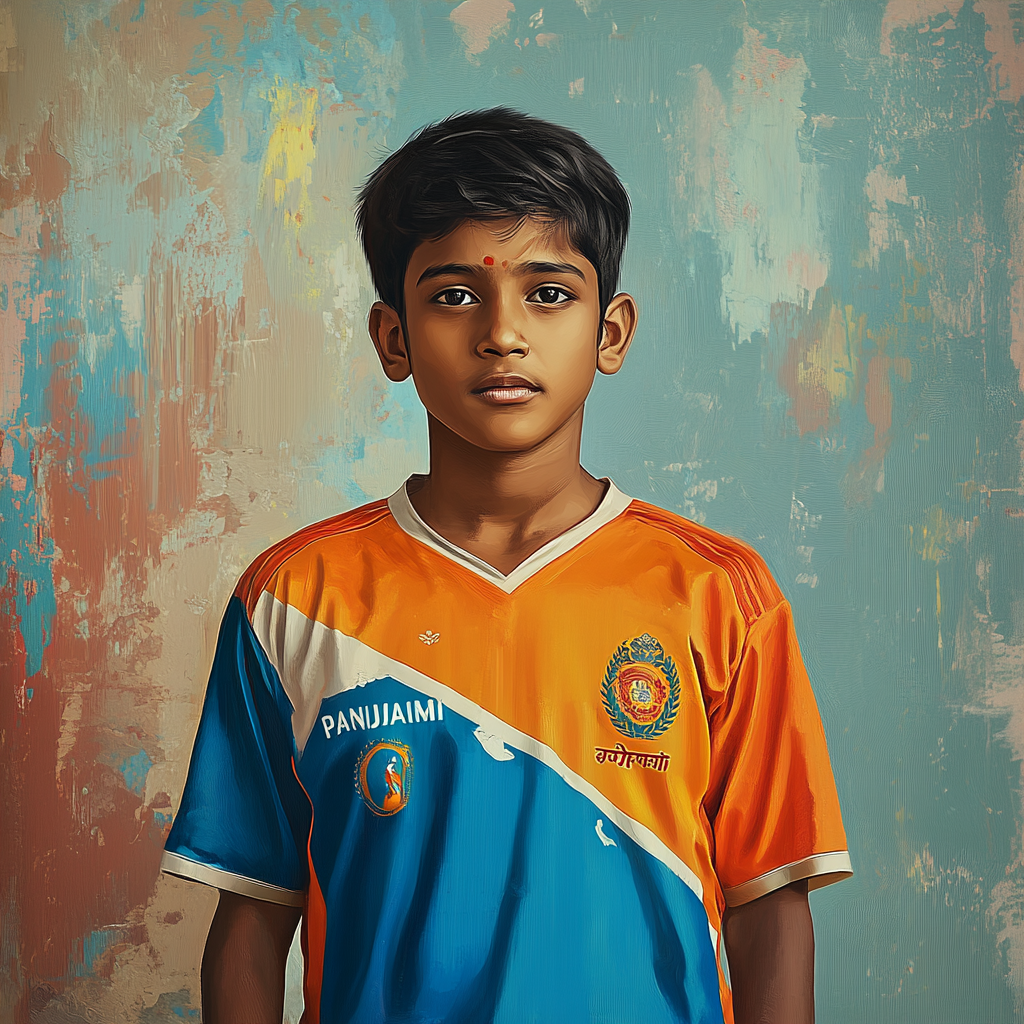 Hyper realistic photo: South Indian boy in kabaddi jersey