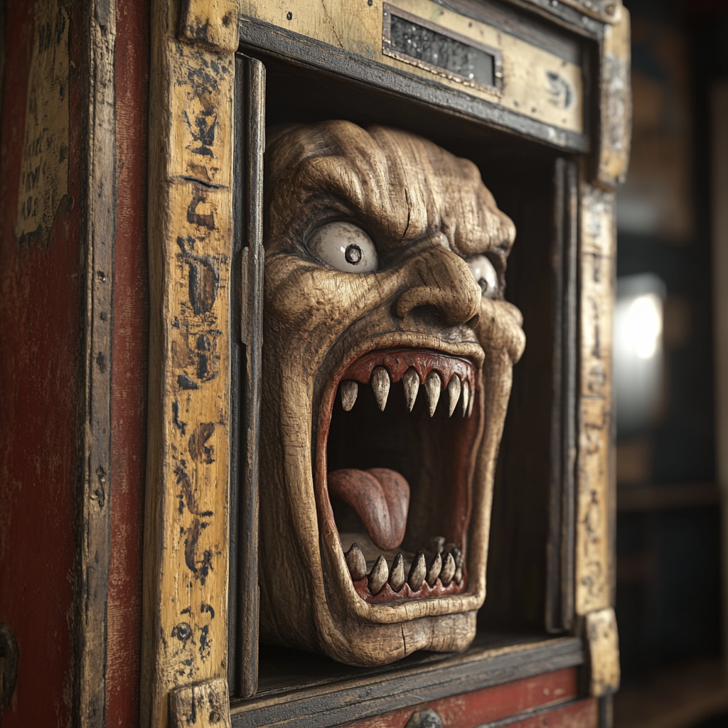 Hyper realistic vending machine with wooden puppet vampire.