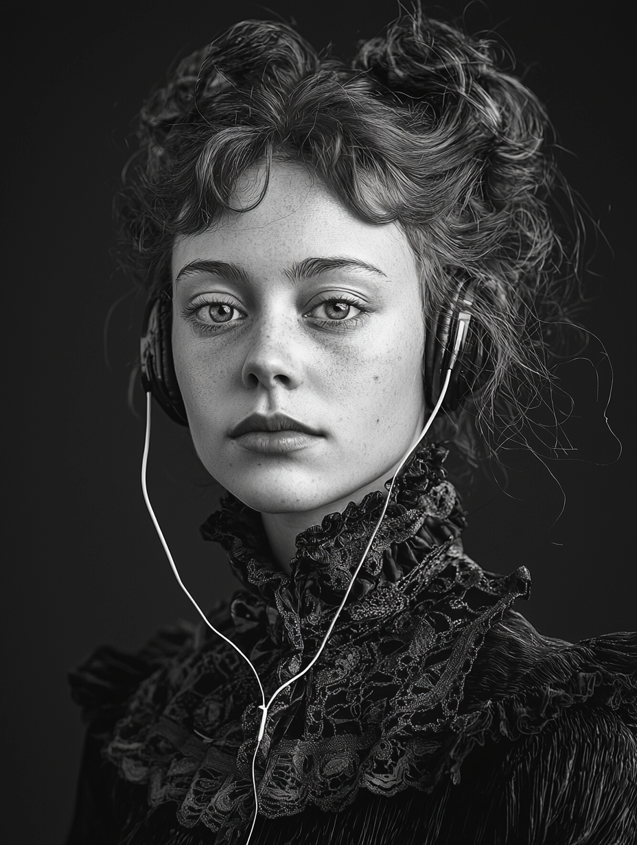 Hyperrealistic 19th Century Queen with Wired Headphones