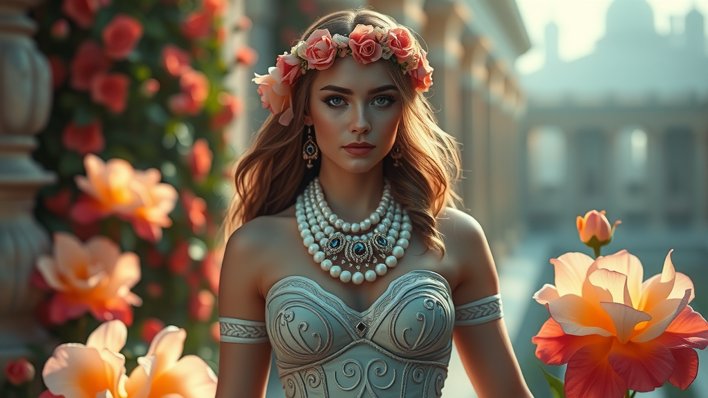 Hyperrealistic Aphrodite Goddess Surrounded by Flowers