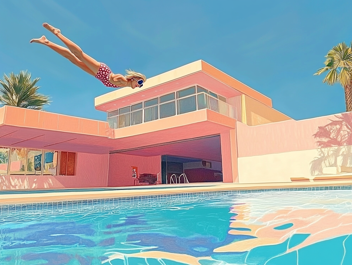 Hyperrealistic David Hockney & Edward Hopper Woman Pool Dive