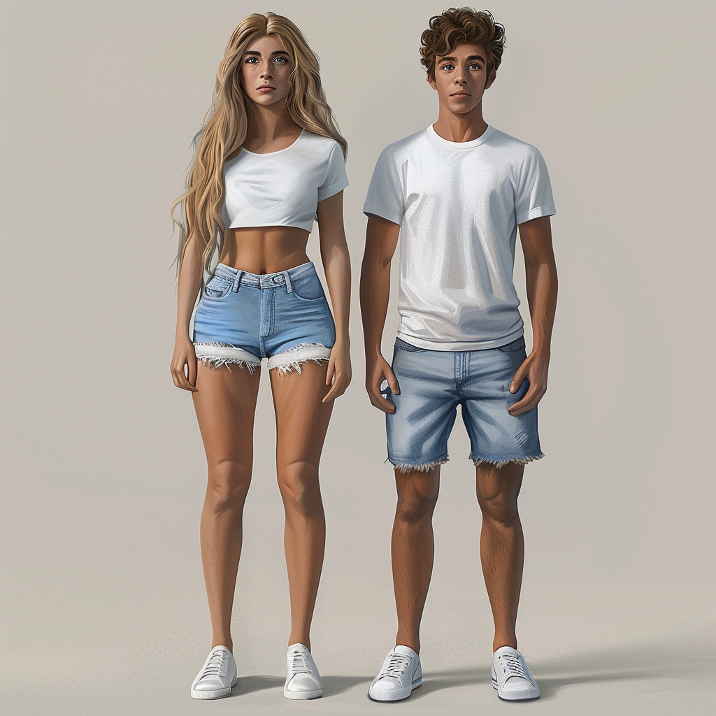 Hyperrealistic Female and Male Hosts with Blonde and Brown Hair, T-shirts, Shorts, and Shoes - Stock Photo.