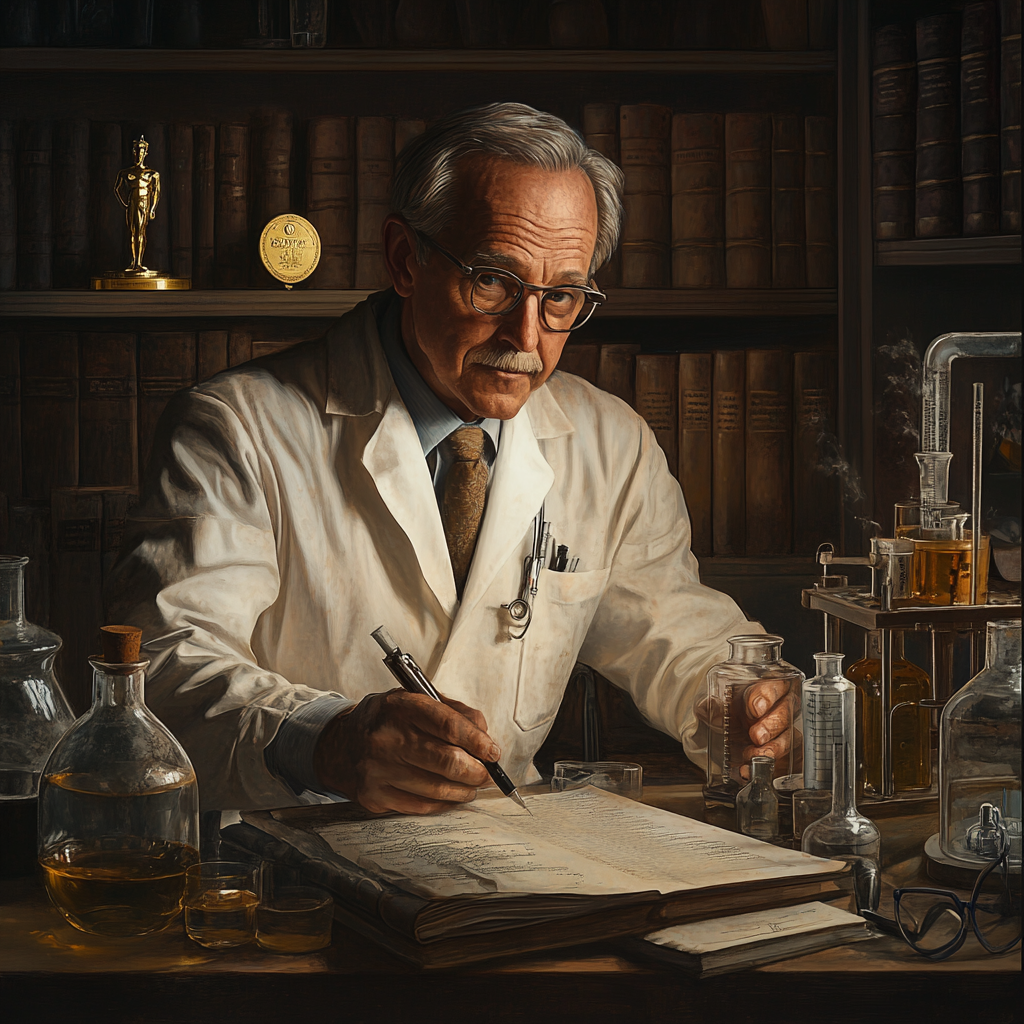 Hyperrealistic Portrait Dr. Bernardo Houssay Laboratory Books Flask Nobel Prize