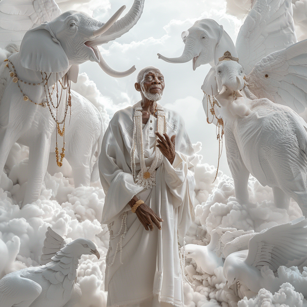 Hyperrealistic image of Orisha Obatala, old man in white.