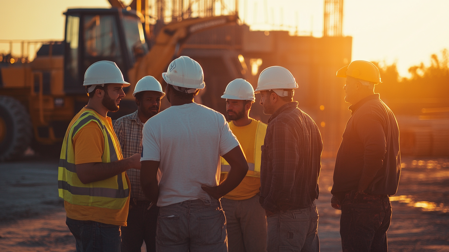 Hyperrealistic photo of diverse construction workers near machinery.