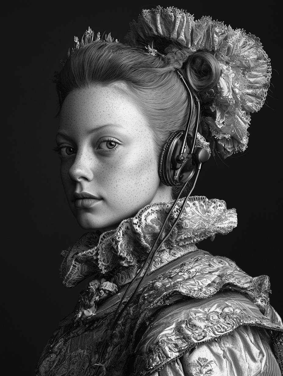 Hyperrealistic portrait of young queen in 1800s with headphones