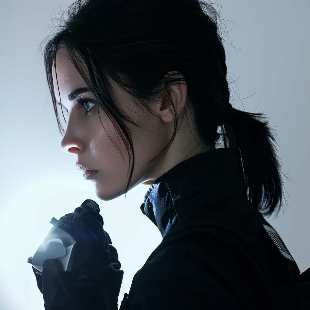 Hyperrealistic profile of female policewoman with flashlight