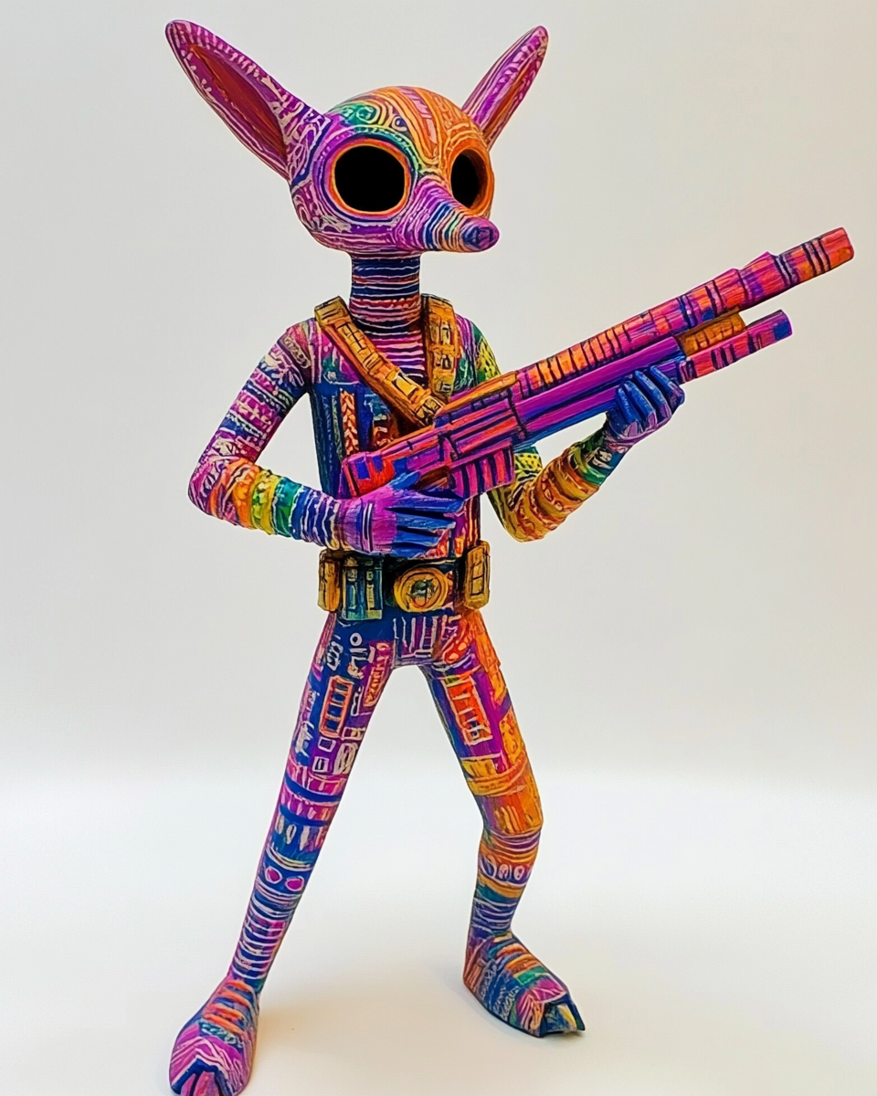 IG-11 bounty hunter transformed into colorful alebrije sculpture.