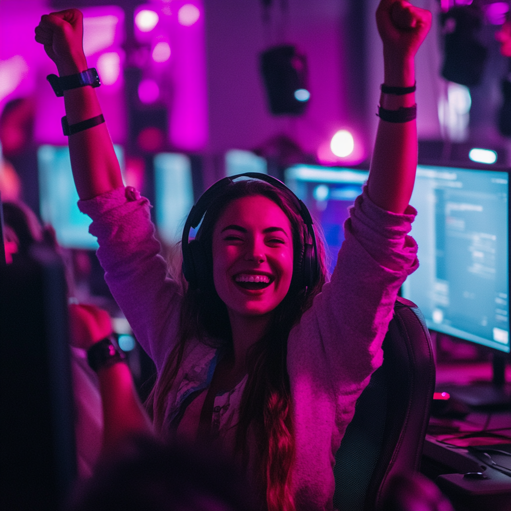 IT team celebrating success with female project lead smiling.