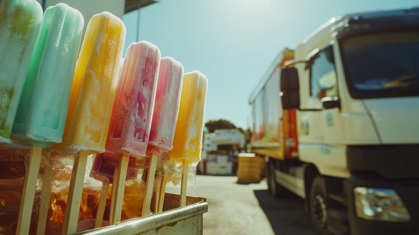 Ice lollies delivered outdoors, process shown in detail.