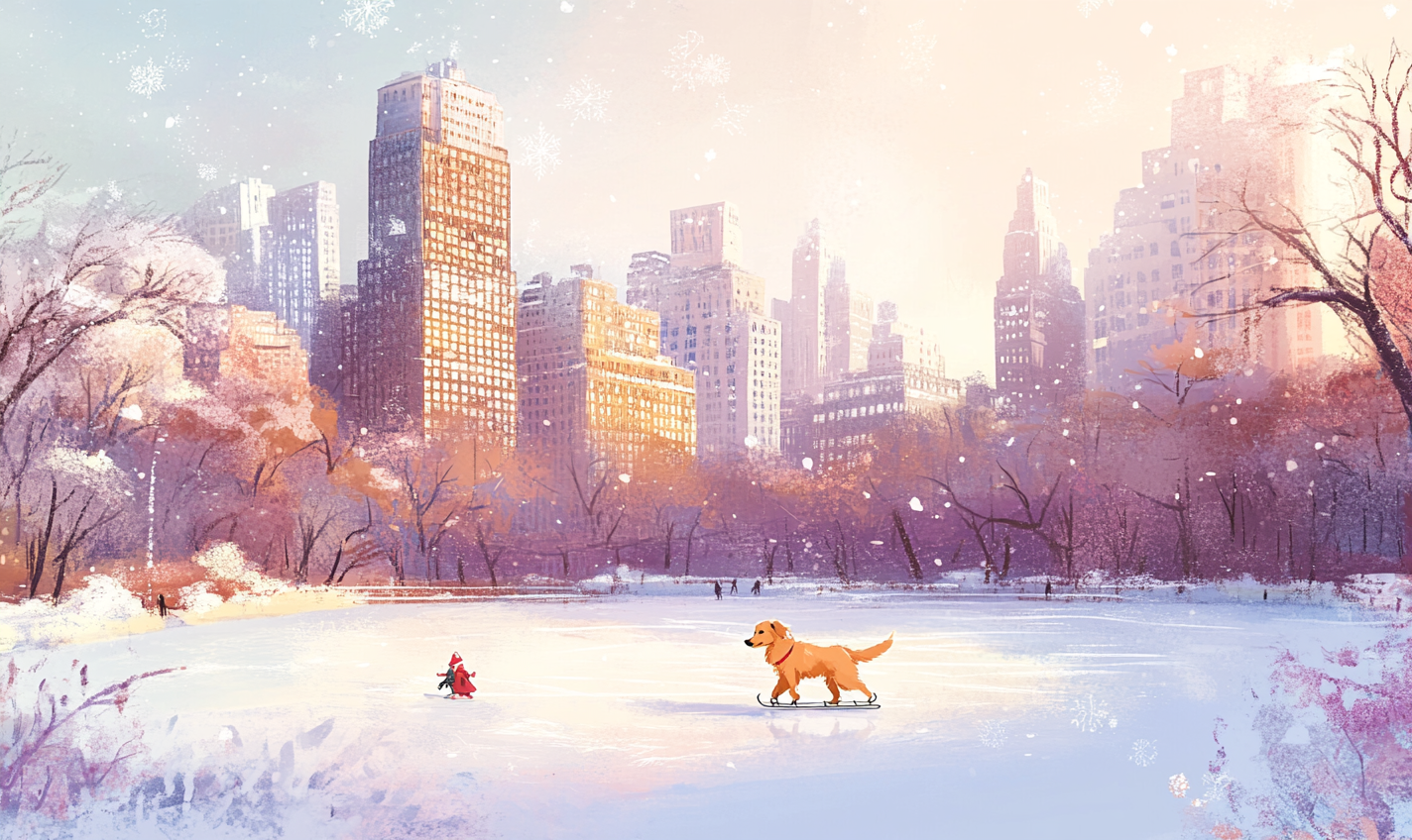 Ice-skating golden retriever in Central Park, Christmas children's book.