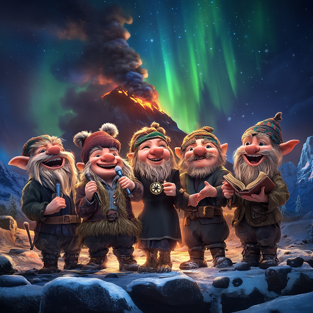 Icelandic Troll Characters Giving Speech Under Northern Lights