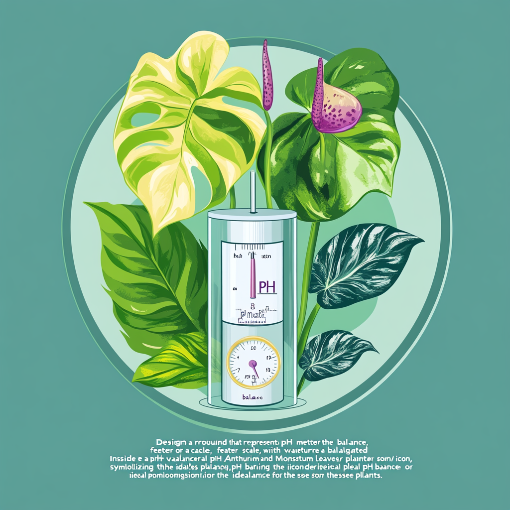 Icon: pH balance represented with pH meter. Monstera, Anthurium leaves.